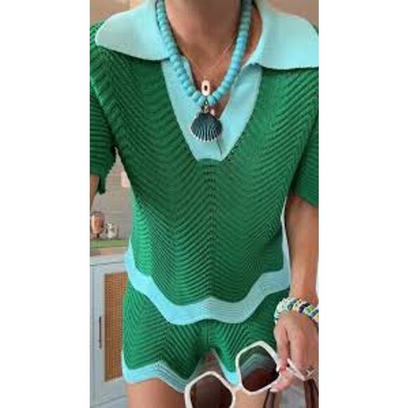 English Factory Georgica Scallop Wave Crochet Shorts NWT Green Blue XS BohoChic - Picture 2 of 10